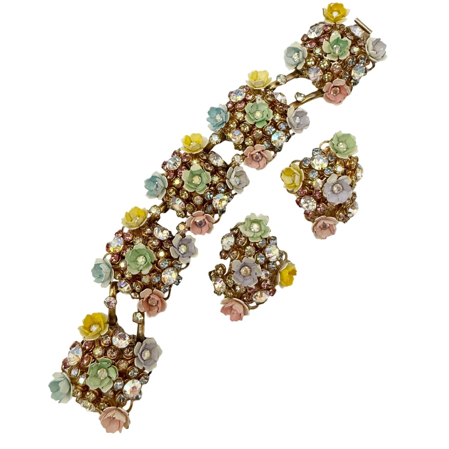 vintage pastel enamel spring flowers Bracelet & Earrings Set rhinestones gold