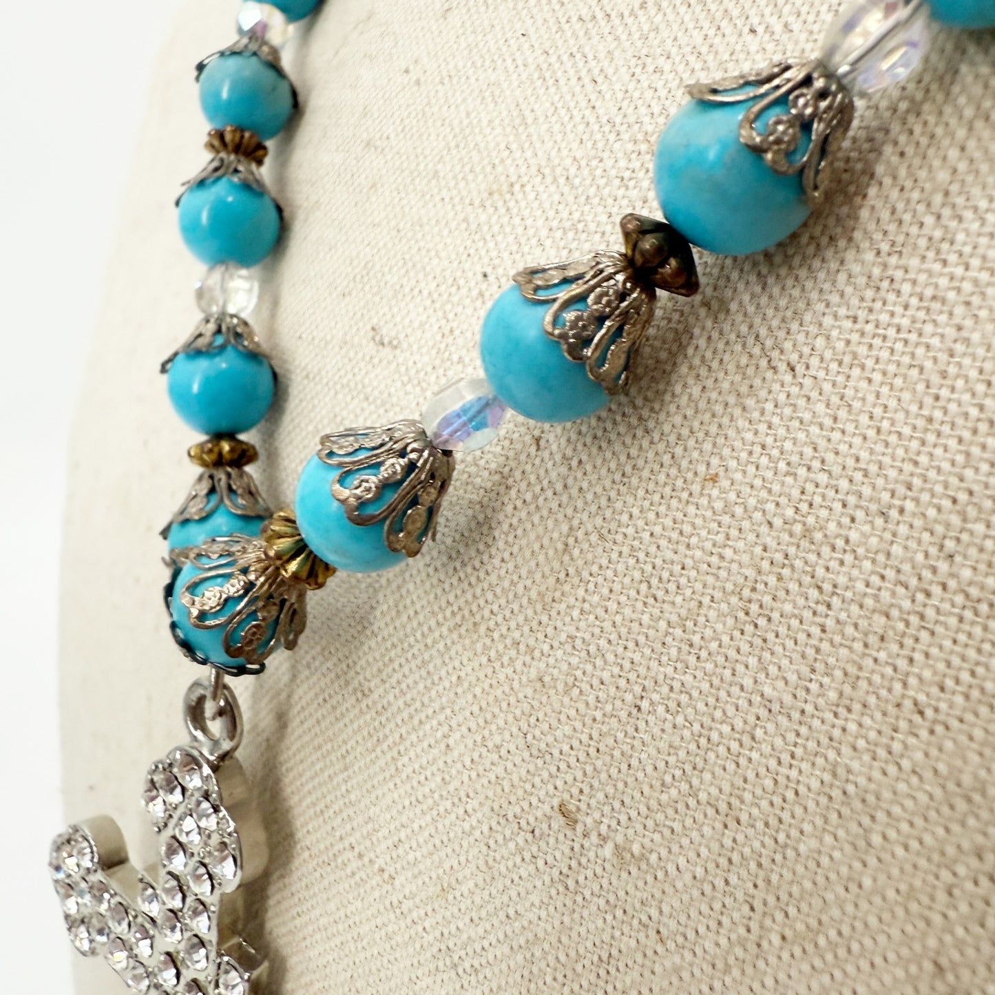 vintage blue beads clear rhinestones Cross Pendant Necklace handmade jewelry