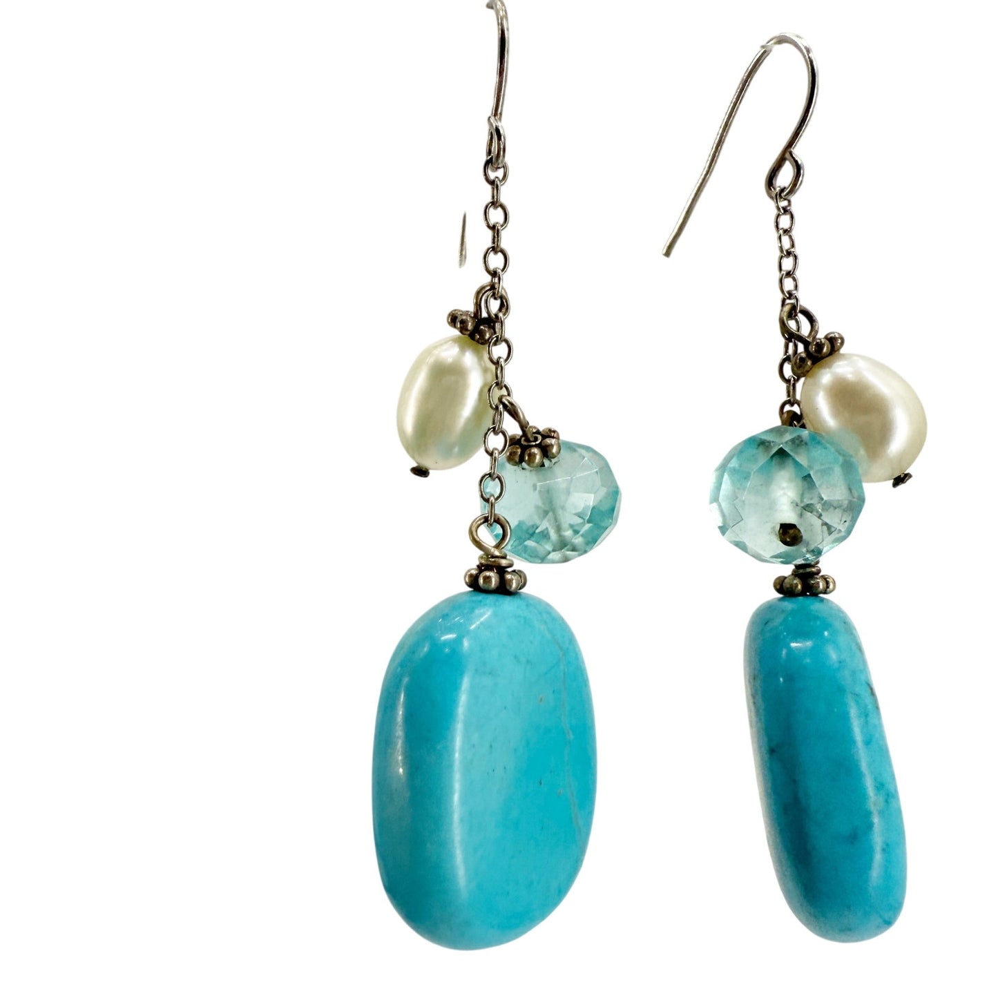 handmade blue white & silver beaded drop EARRINGS jewelry NEW vintage beads