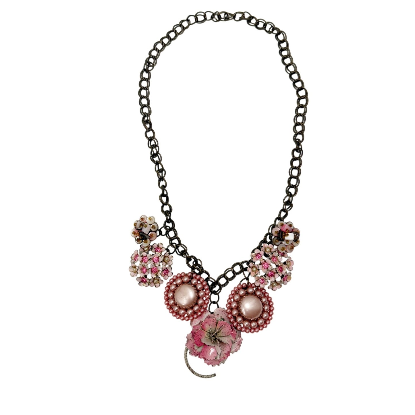 vintage pink earrings & brooches NECKLACE flowers rhinestones faux pearls