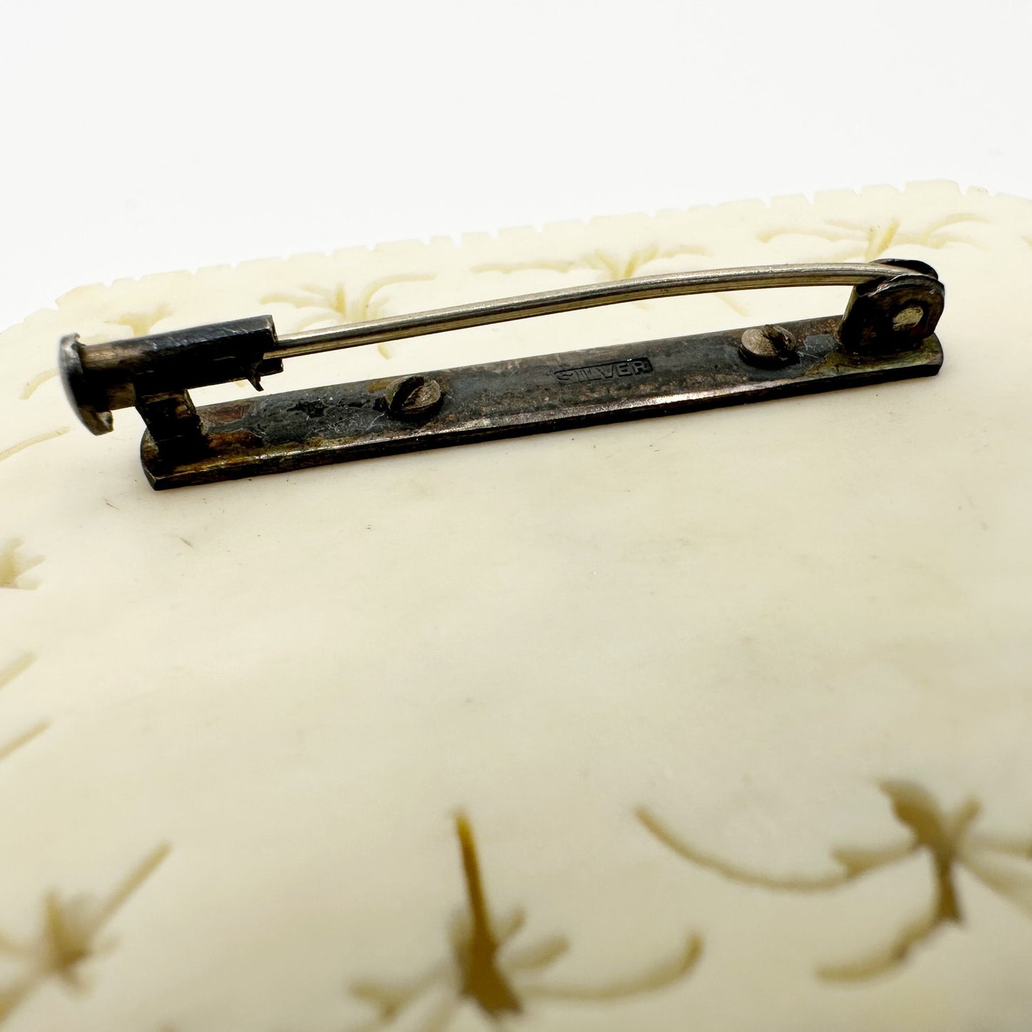 vintage cream carved celluloid flower BROOCH floral jewelry pin trombone clasp