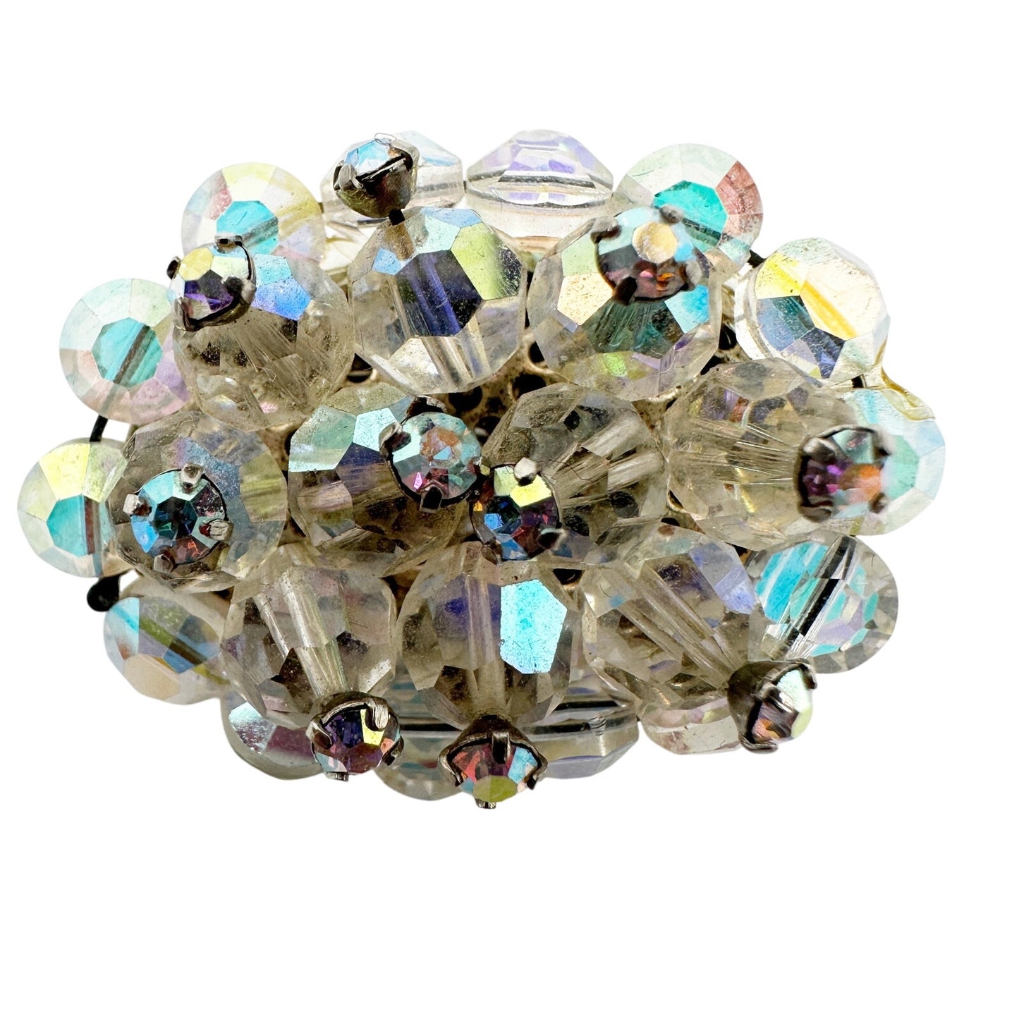 vintage iridescent beads & clear rhinestones BROOCH oval-shaped jewelry pin