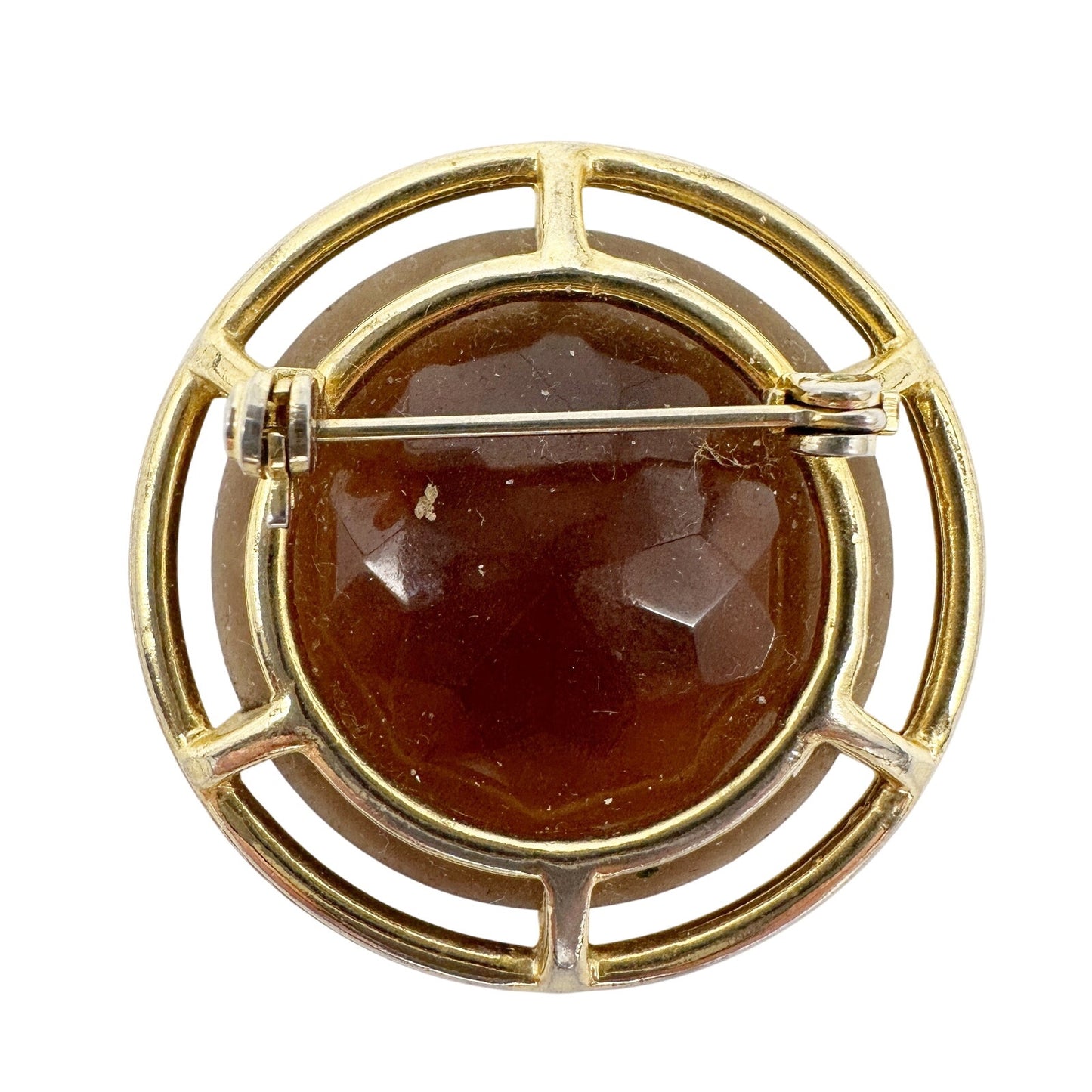vintage gold metal & translucent brown stone BROOCH round jewelry pin