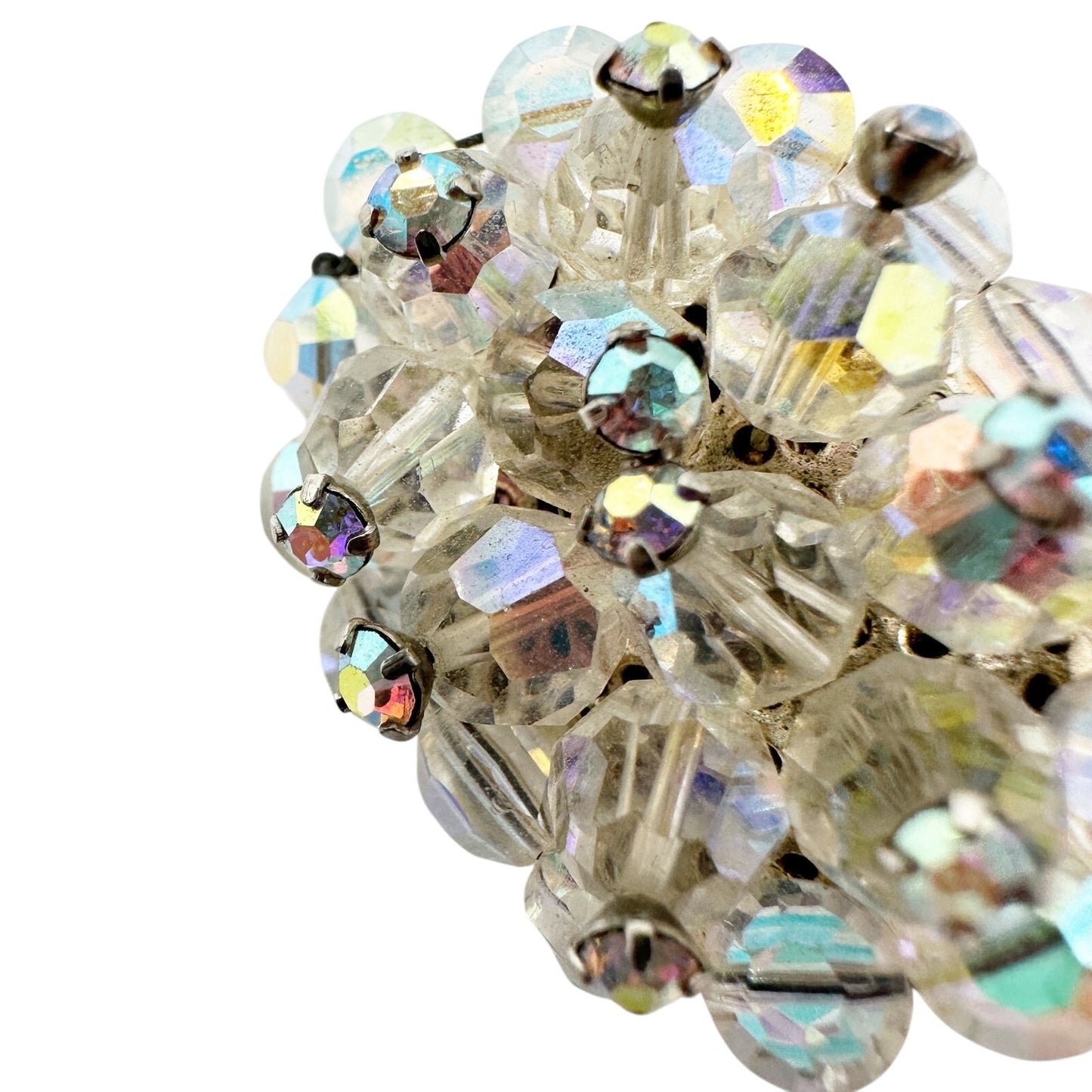 vintage iridescent beads & clear rhinestones BROOCH oval-shaped jewelry pin