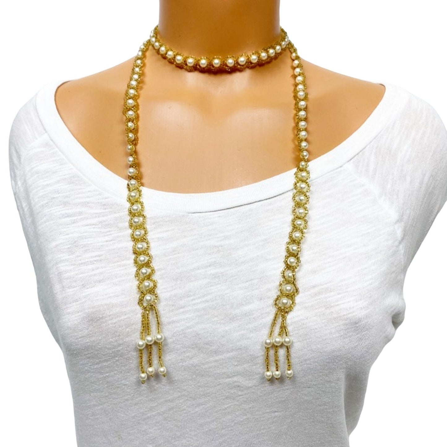 vintage faux pearl & golden beads 43" tassel NECKLACE costume jewelry