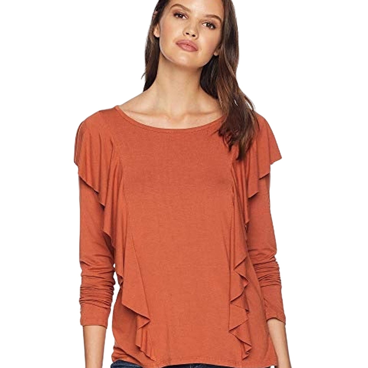FRYE baked clay orange rust long sleeve Ruffle Knit Top women's S small new $88