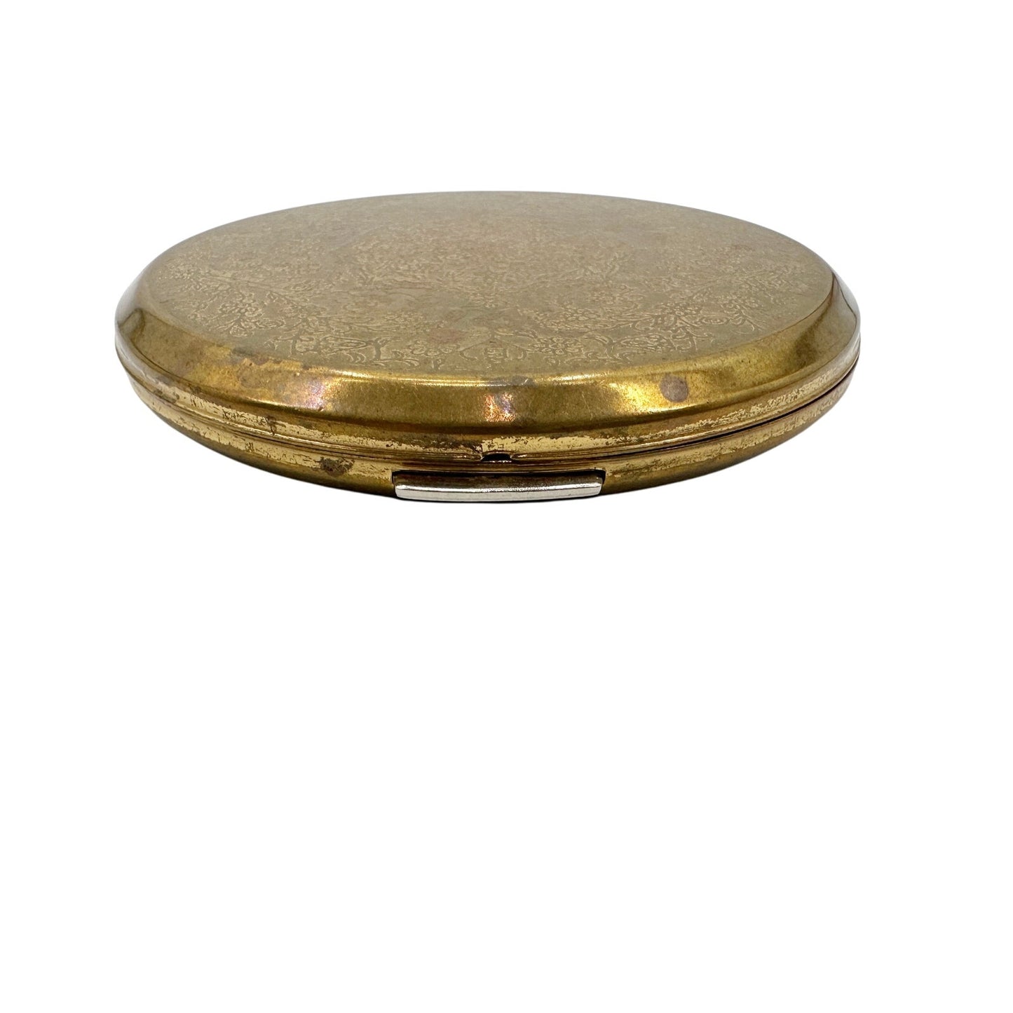 vintage gold tone metal Stratton floral Compact round makeup tray mirror England