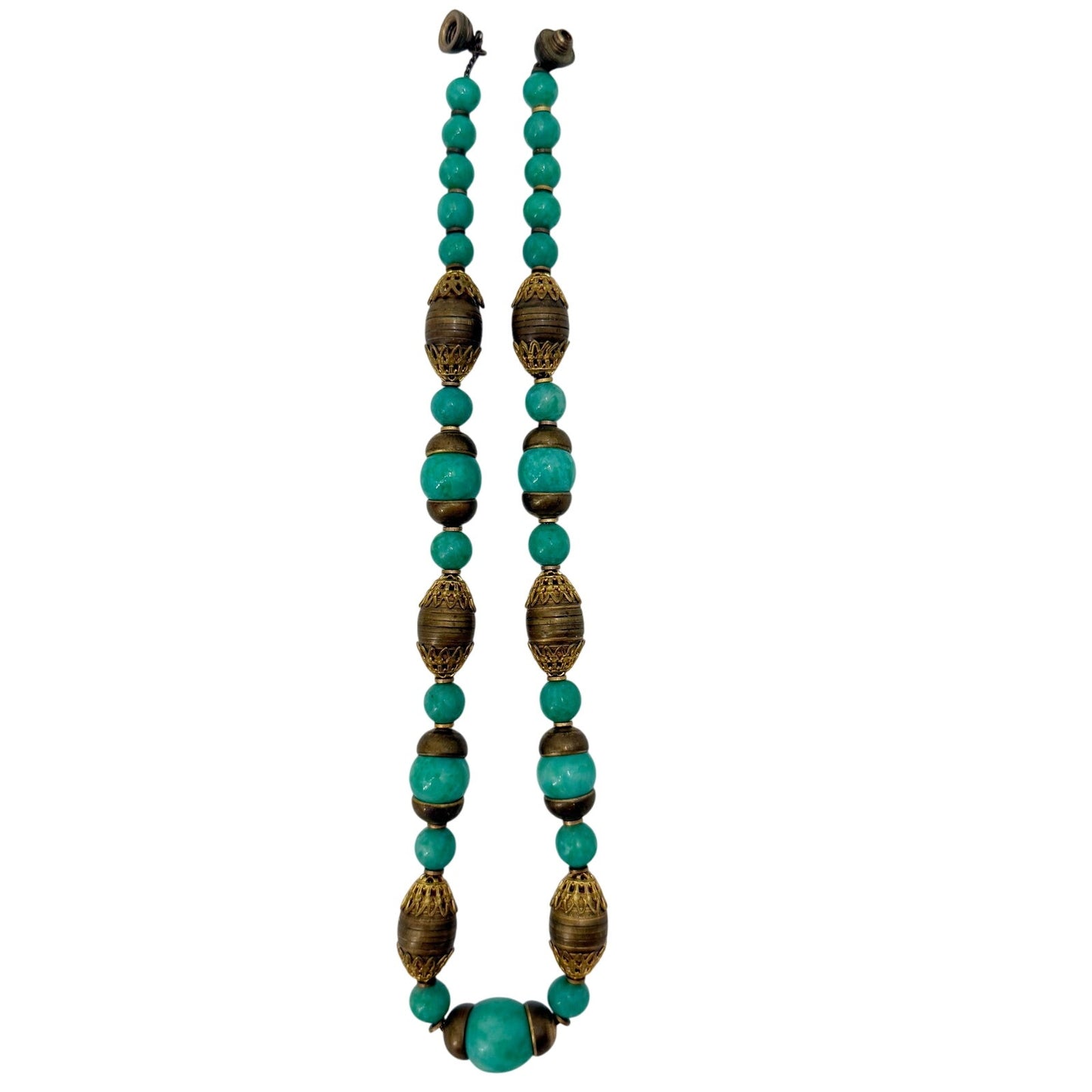 vintage antique gold metal & glass turquoise green beads Necklace foxtail chain