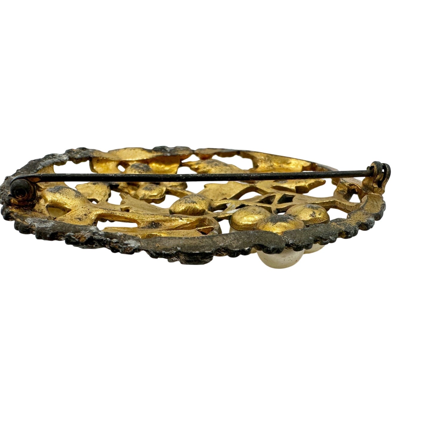 vintage gold metal faux pearls & rhinestones flower BROOCH floral jewelry pin