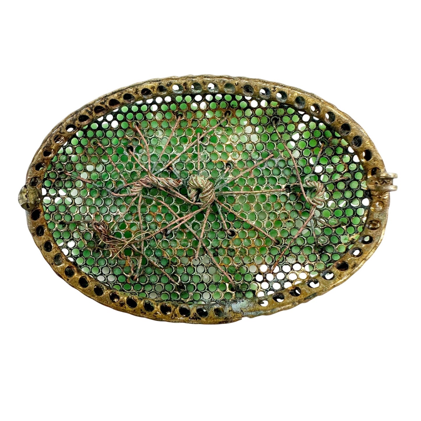 vintage small green flowers on oval metal BROOCH floral jewelry *missing pin*