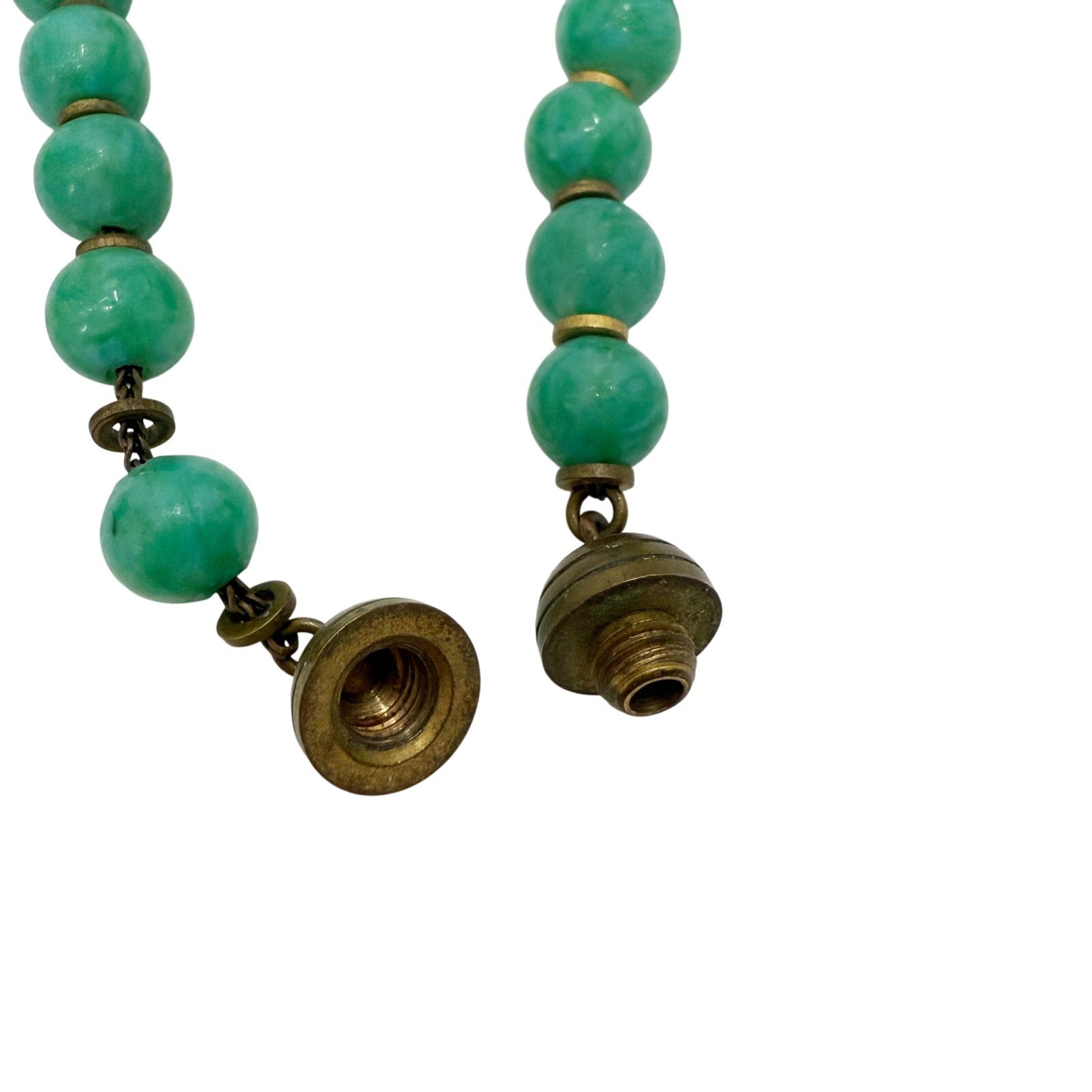 vintage antique gold metal & glass turquoise green beads Necklace foxtail chain