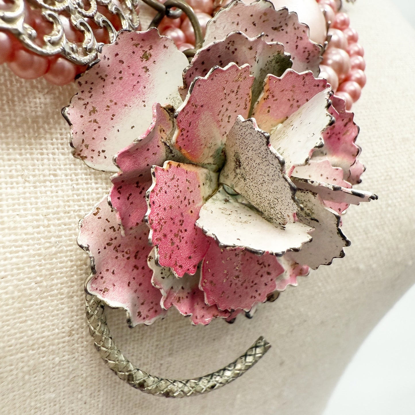 vintage pink earrings & brooches NECKLACE flowers rhinestones faux pearls