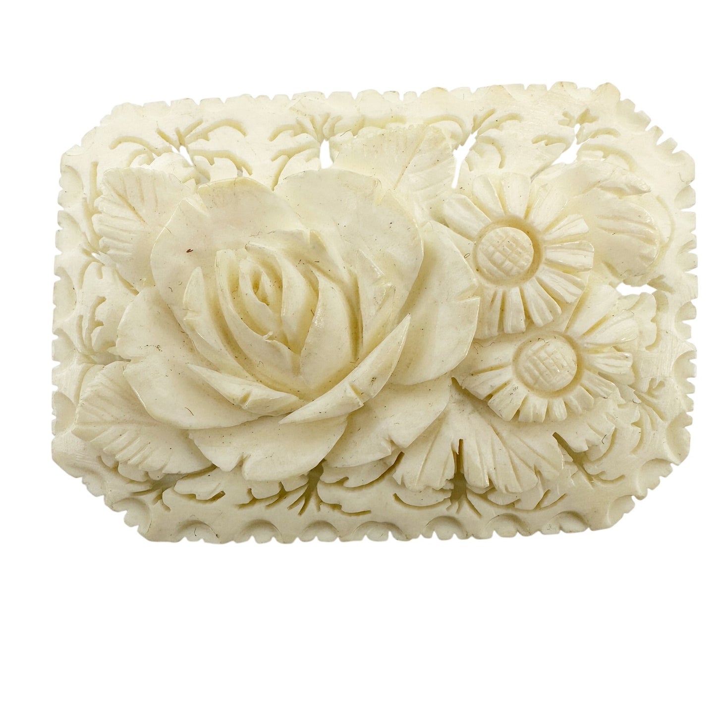 vintage cream carved celluloid flower BROOCH floral jewelry pin trombone clasp