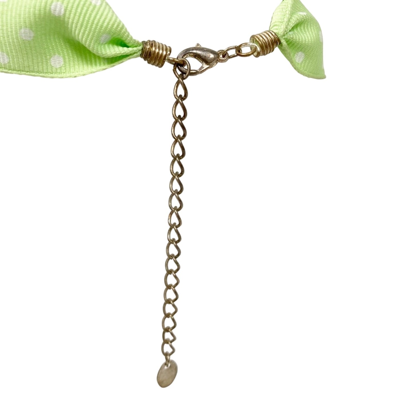white polka dot & green 14" grosgrain ribbon pendant NECKLACE costume jewelry
