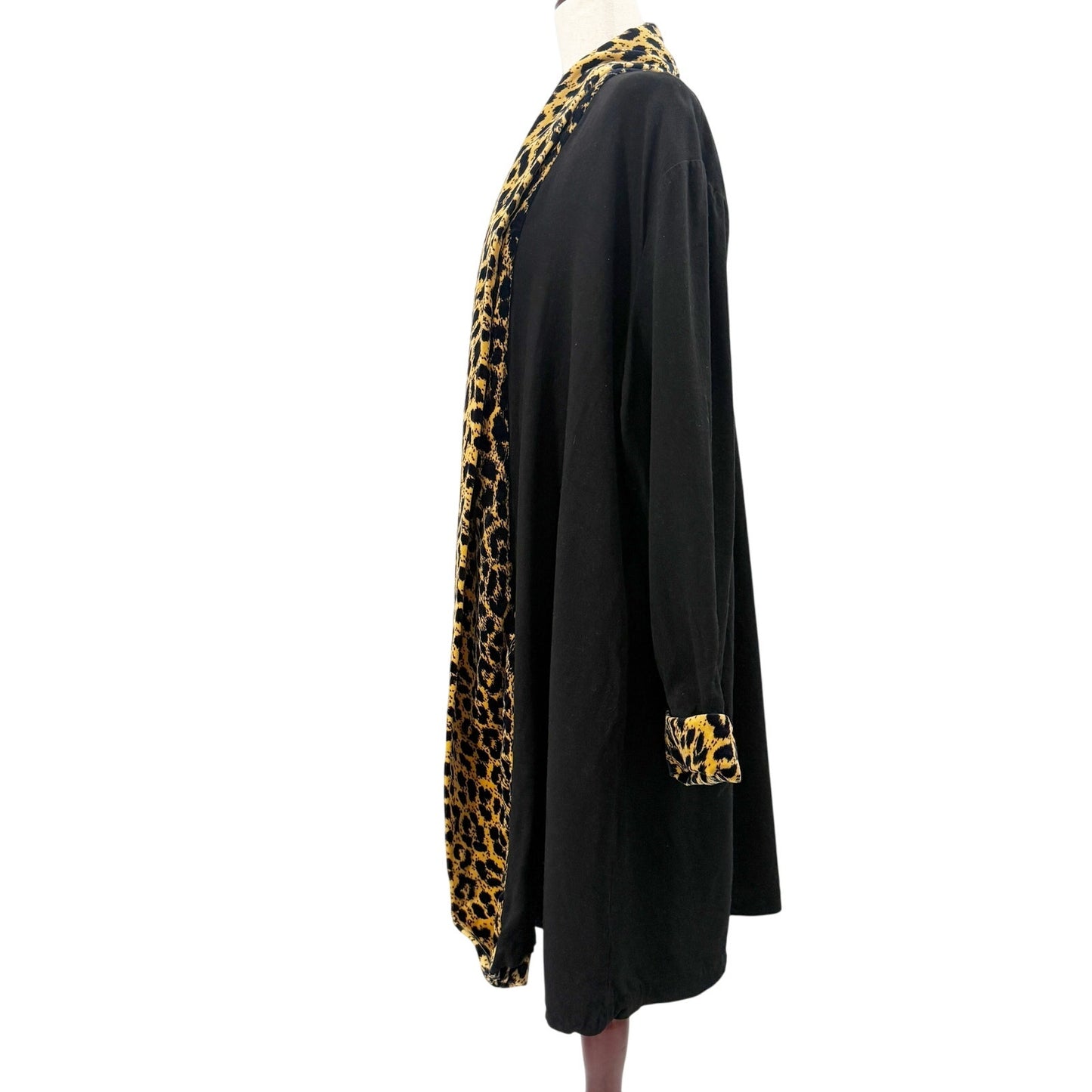 vintage Connie Anderson Audio black leopard long open front Jacket women's LARGE