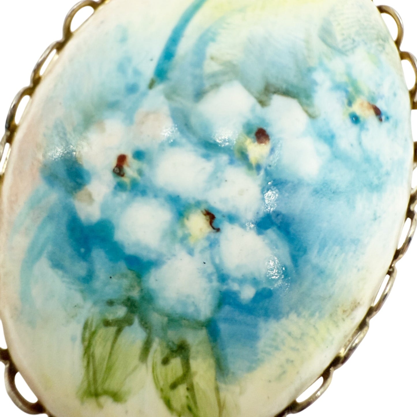 vintage blue floral hand painted Pendant for necklace oval shape costume jewelry