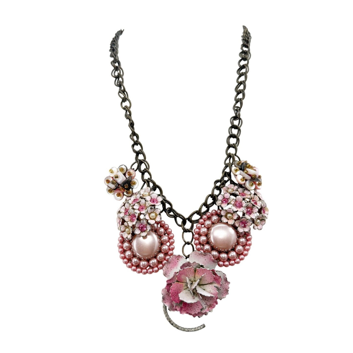 vintage pink earrings & brooches NECKLACE flowers rhinestones faux pearls