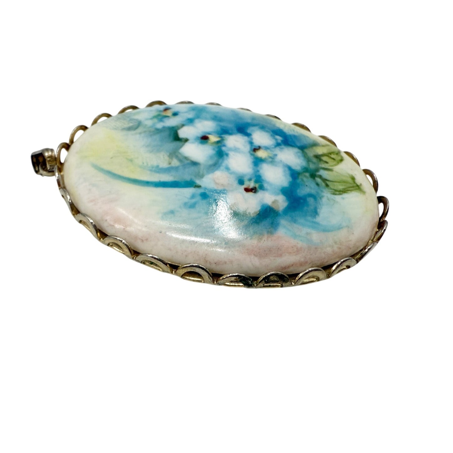 vintage blue floral hand painted Pendant for necklace oval shape costume jewelry