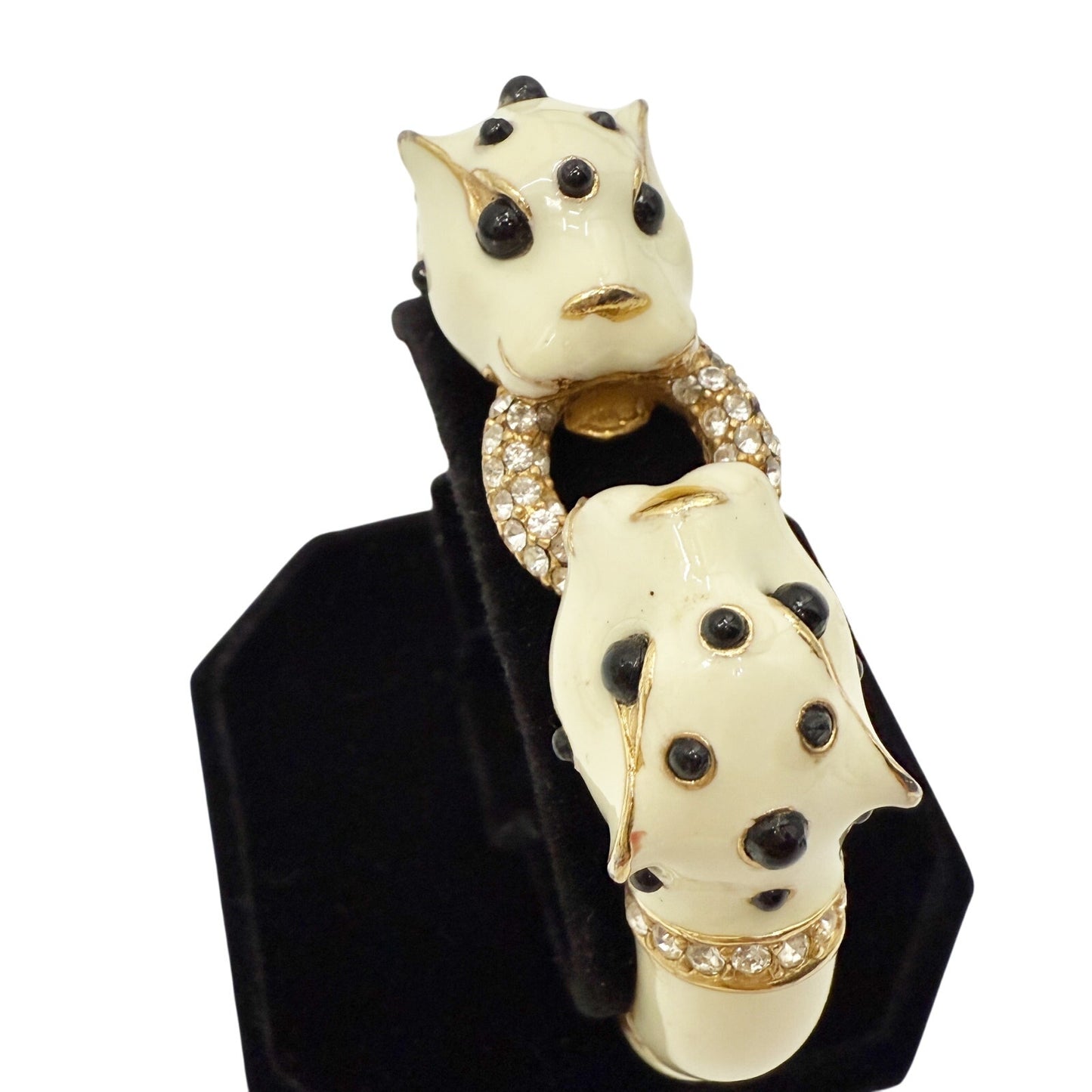 vintage Ciner double panther heads cream Enamel Bangle bracelet costume jewelry