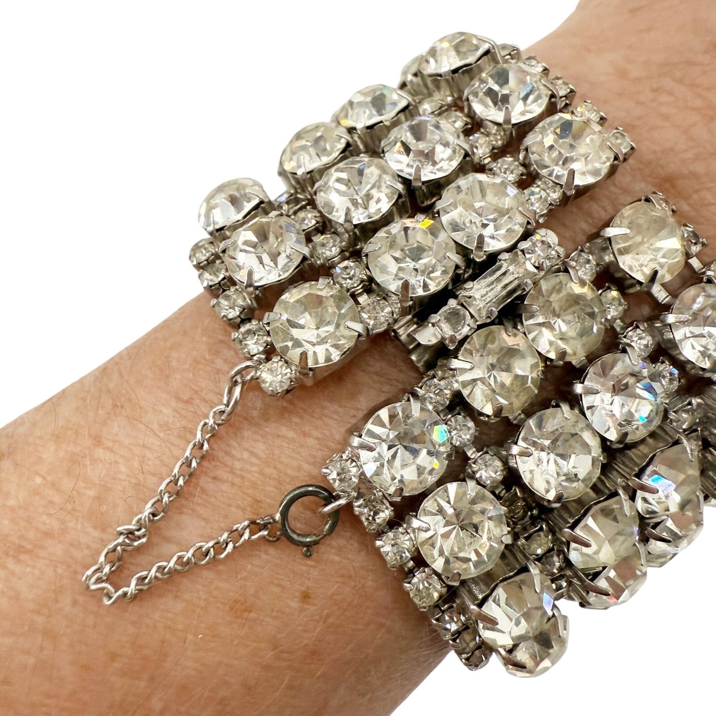 vintage 1.75" wide Rhinestone Bracelet clear iridescent stones costume jewelry