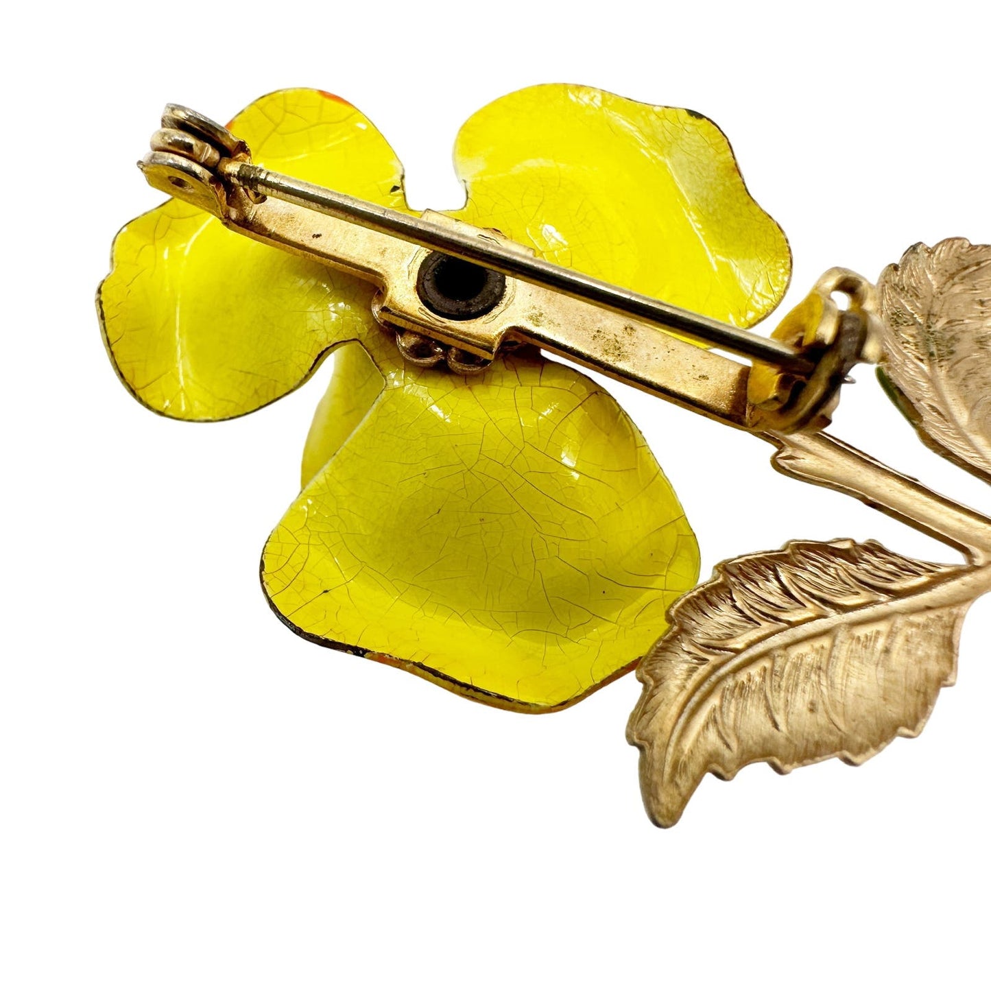 vintage enamel yellow metal flower BROOCH floral jewelry pin stem leaves