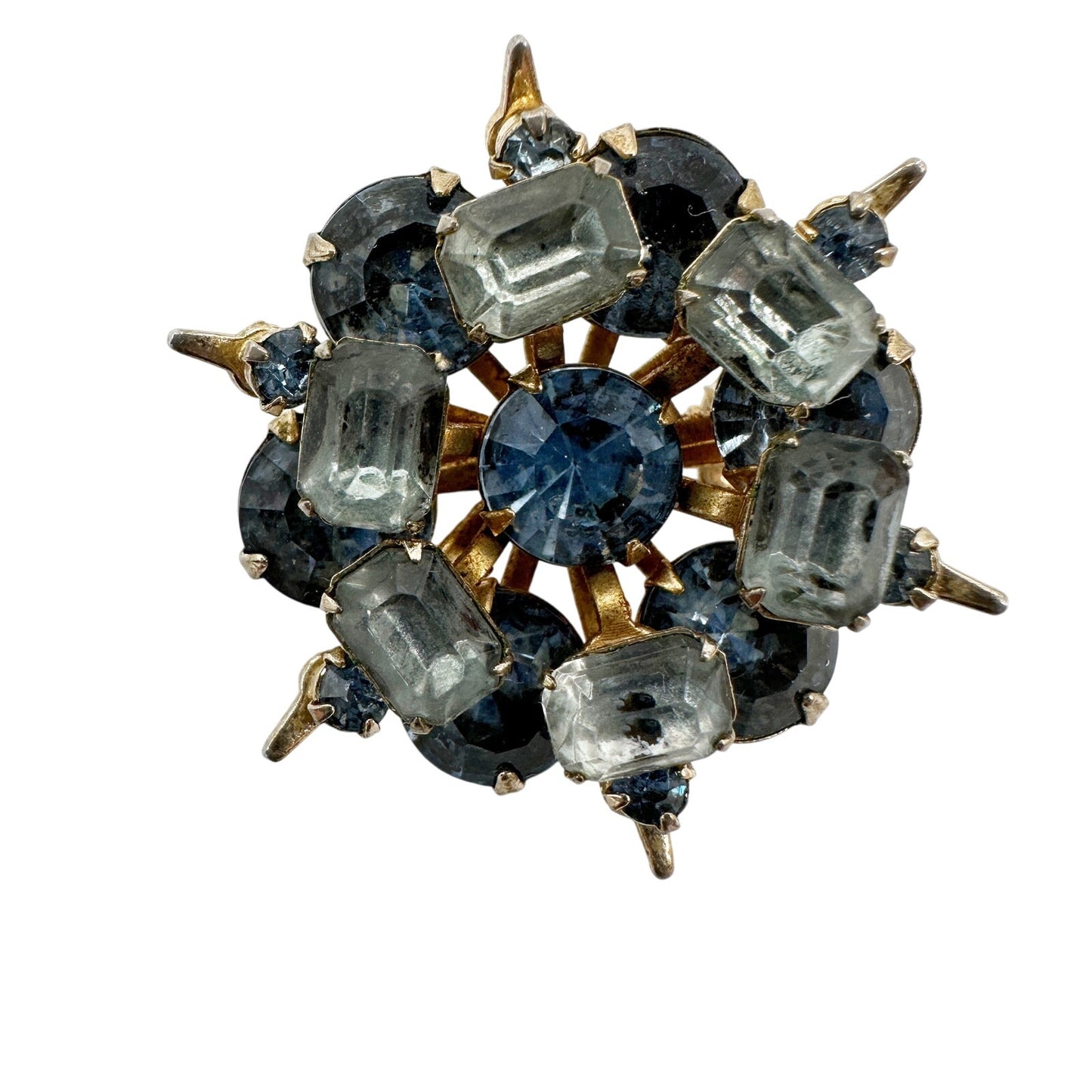 vintage light & dark blue rhinestones BROOCH round jewelry pin