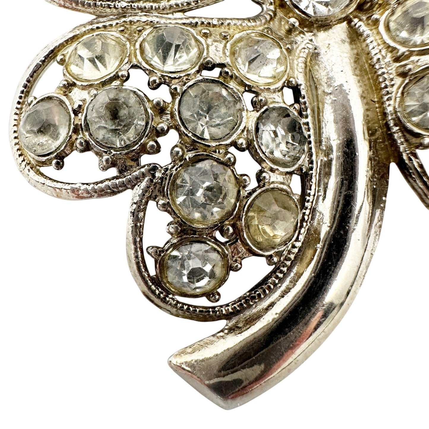 vintage silver & clear rhinestones four leaf clover BROOCH jewelry pin