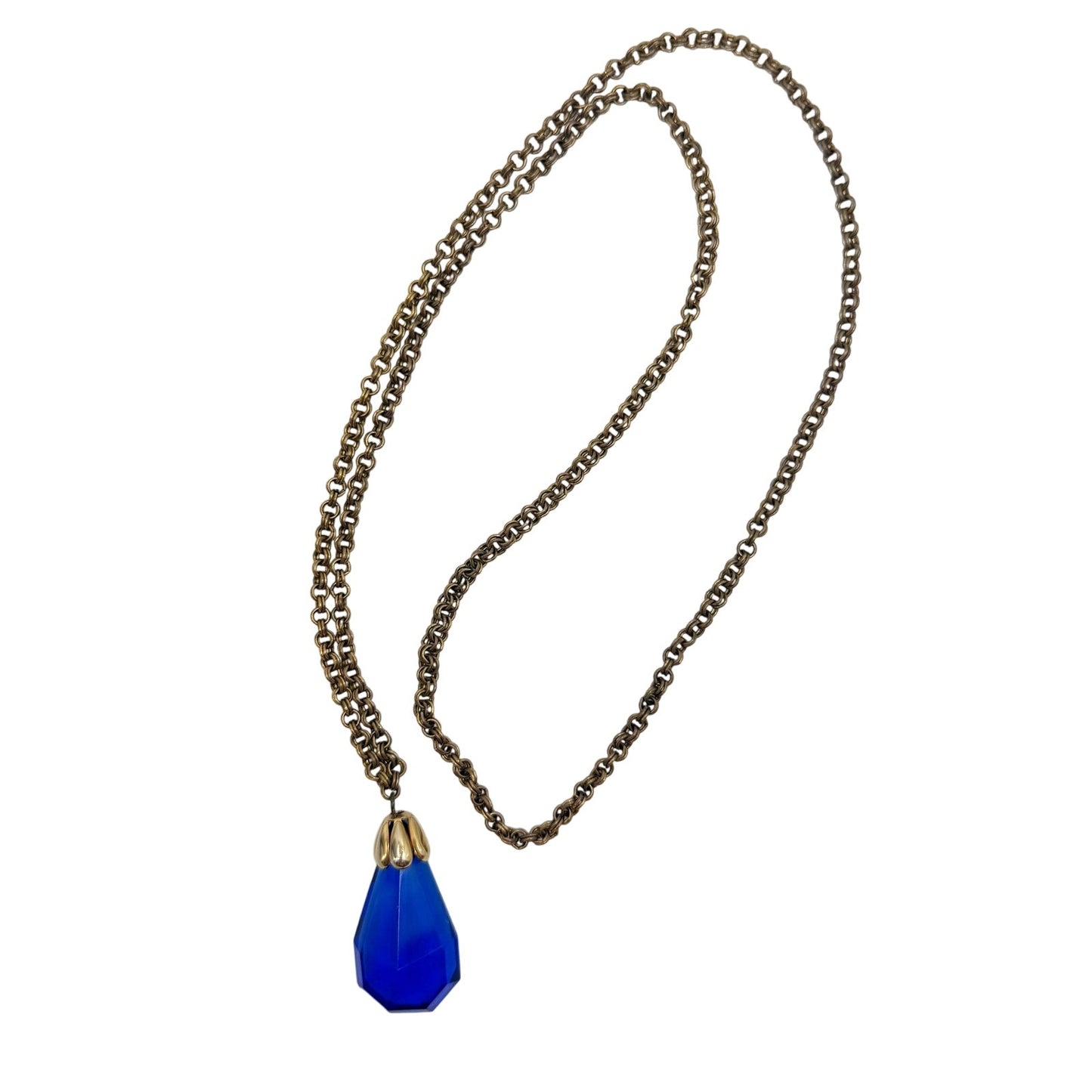 vintage gold metal cable chain & blue acrylic Pendant Necklace costume jewelry