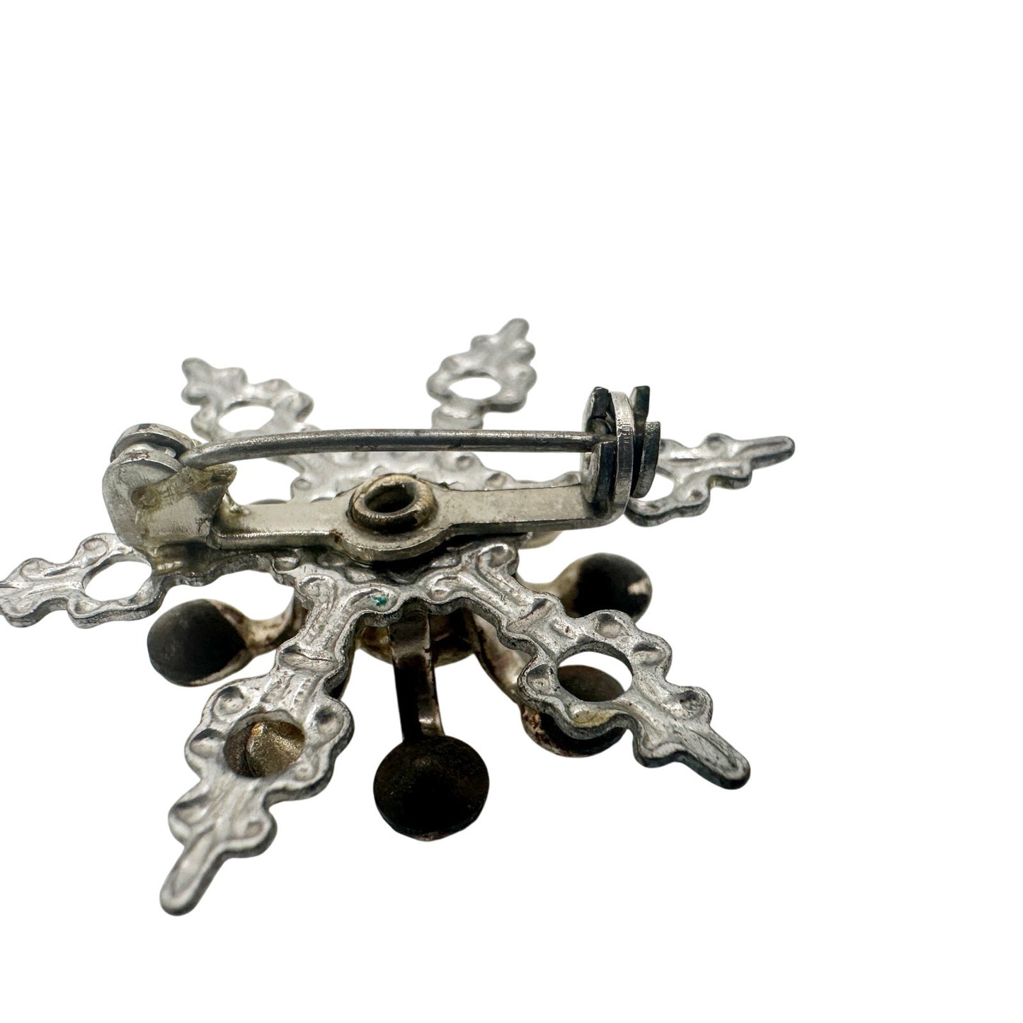 vintage silver metal & rhinestones snowflake BROOCH jewelry pin