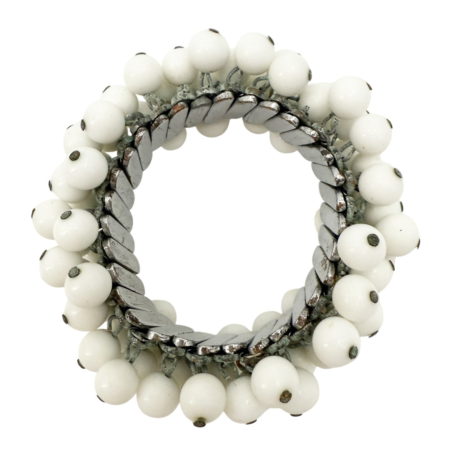 white beaded stretch BRACELET vintage costume jewelry silver metal Made in Japan