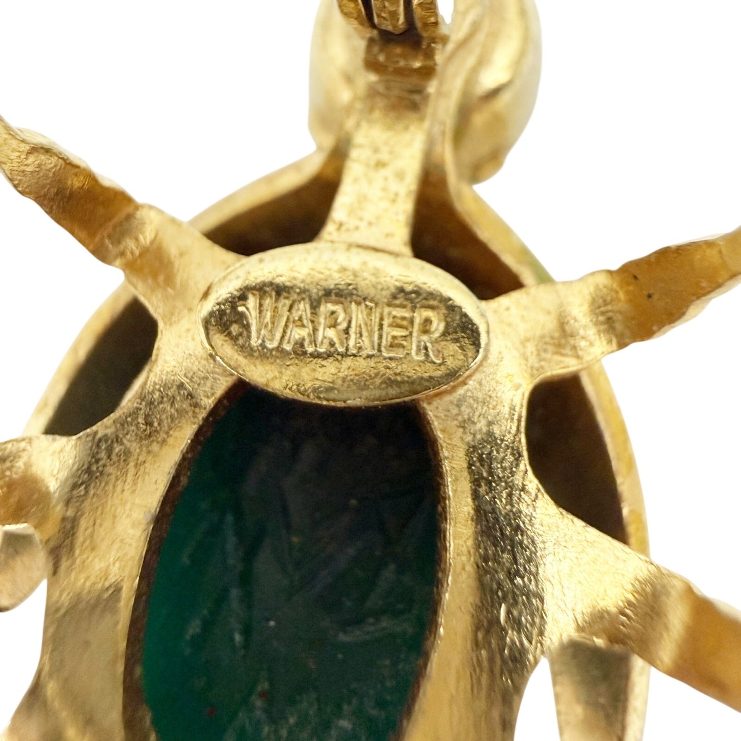 vintage Warner green & gold Bug BROOCH insect costume jewelry pin rhinestones