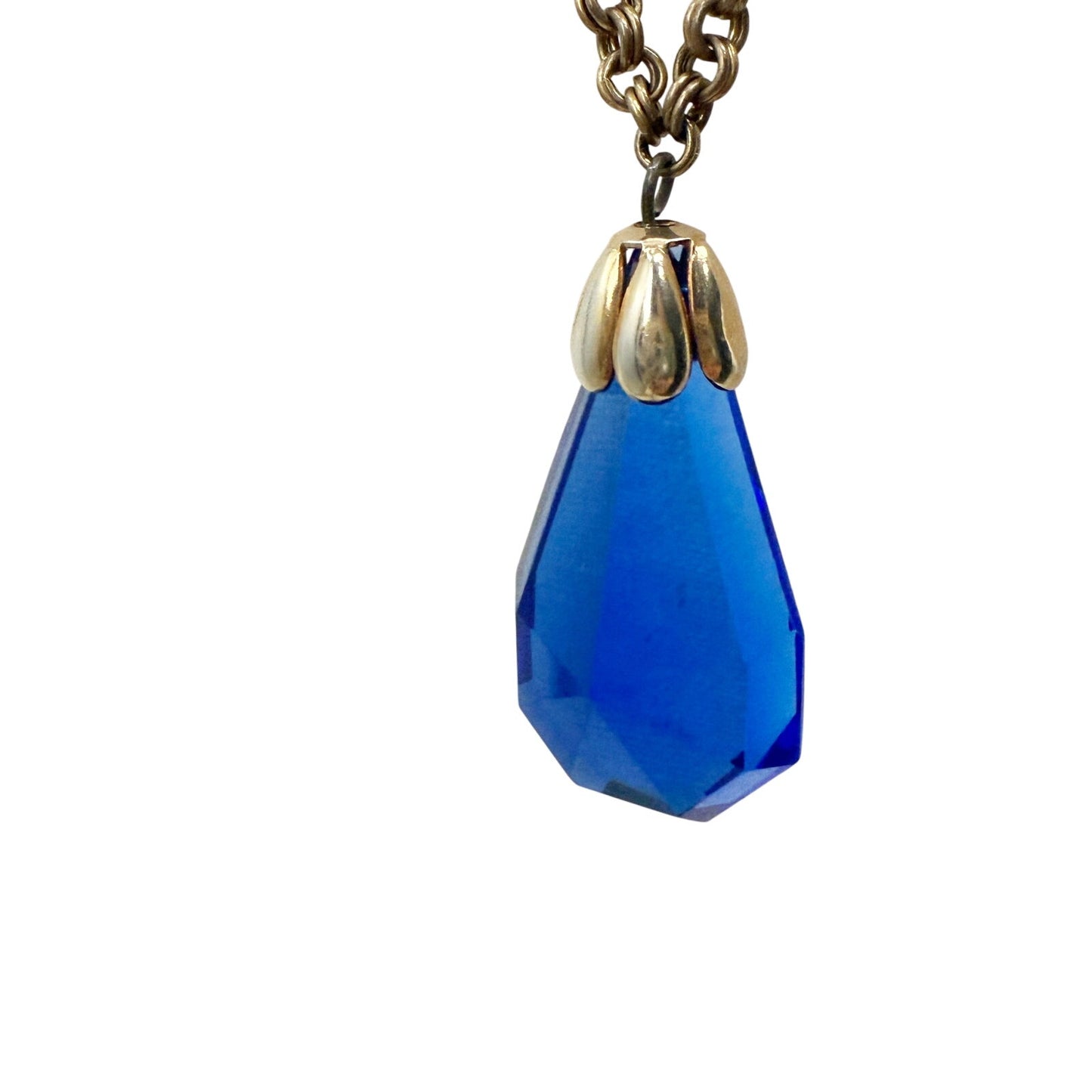 vintage gold metal cable chain & blue acrylic Pendant Necklace costume jewelry