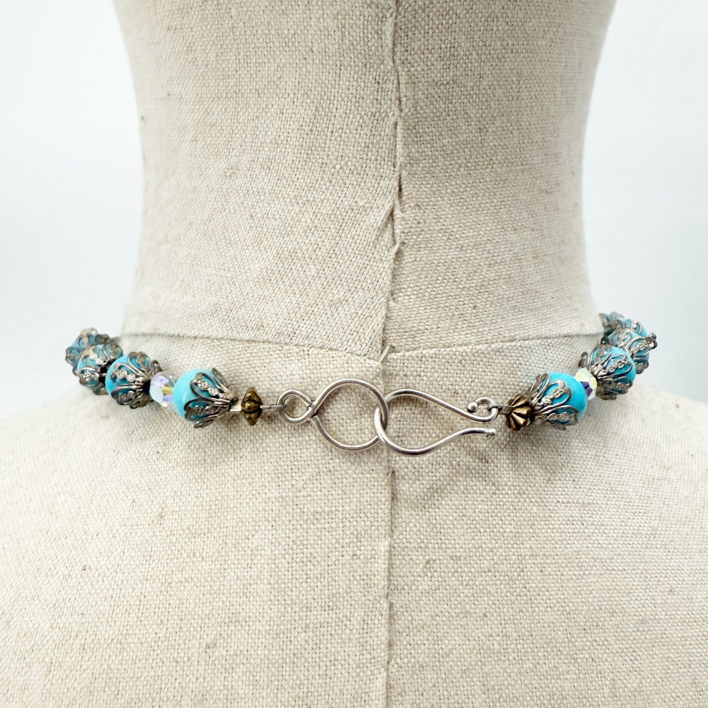 vintage blue beads clear rhinestones Cross Pendant Necklace handmade jewelry