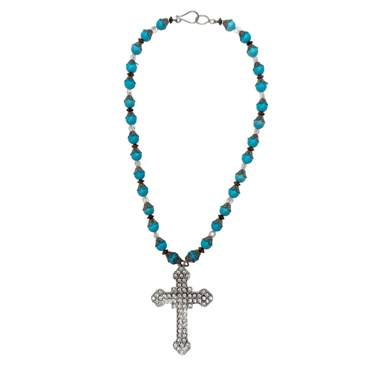 vintage blue beads clear rhinestones Cross Pendant Necklace handmade jewelry