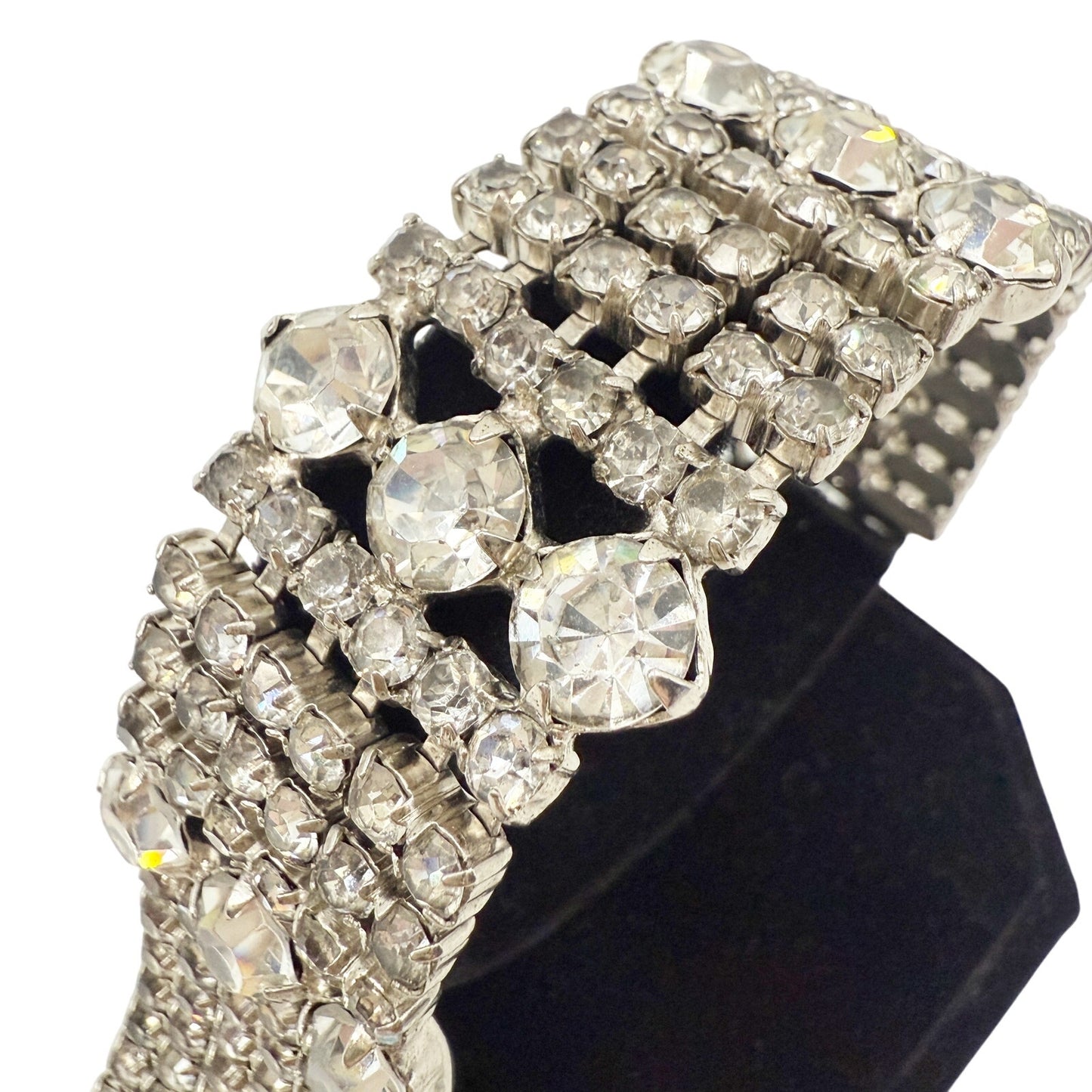 vintage 1" wide Rhinestone Bracelet clear iridescent rhinestones costume jewelry
