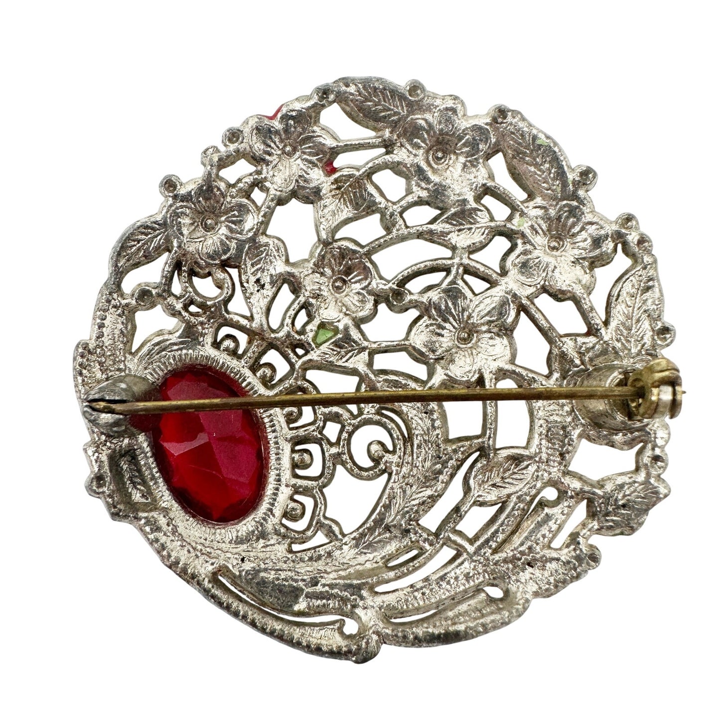 vintage silver metal red enamel finish flowers BROOCH round floral jewelry pin