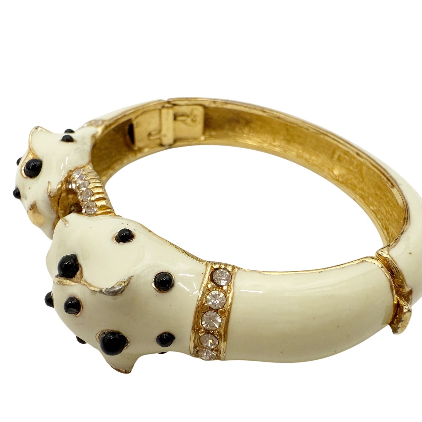 vintage Ciner double panther heads cream Enamel Bangle bracelet costume jewelry