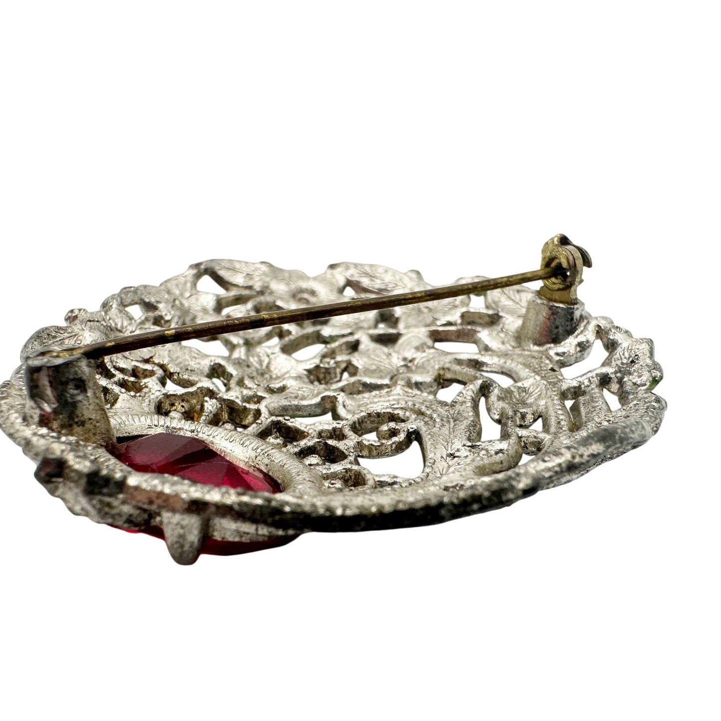 vintage silver metal red enamel finish flowers BROOCH round floral jewelry pin