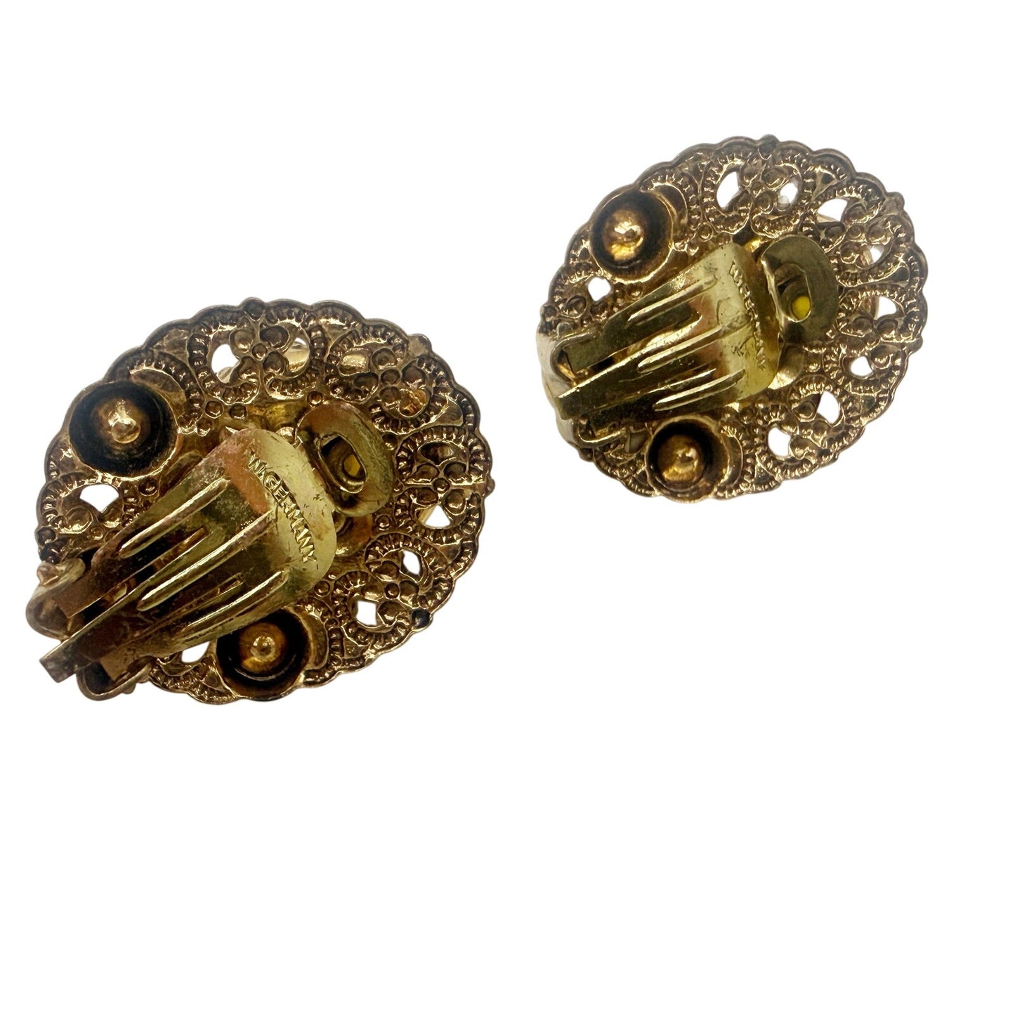 vintage West Germany yellow gold BROOCH jewelry clip EARRINGS rhinestones pearls