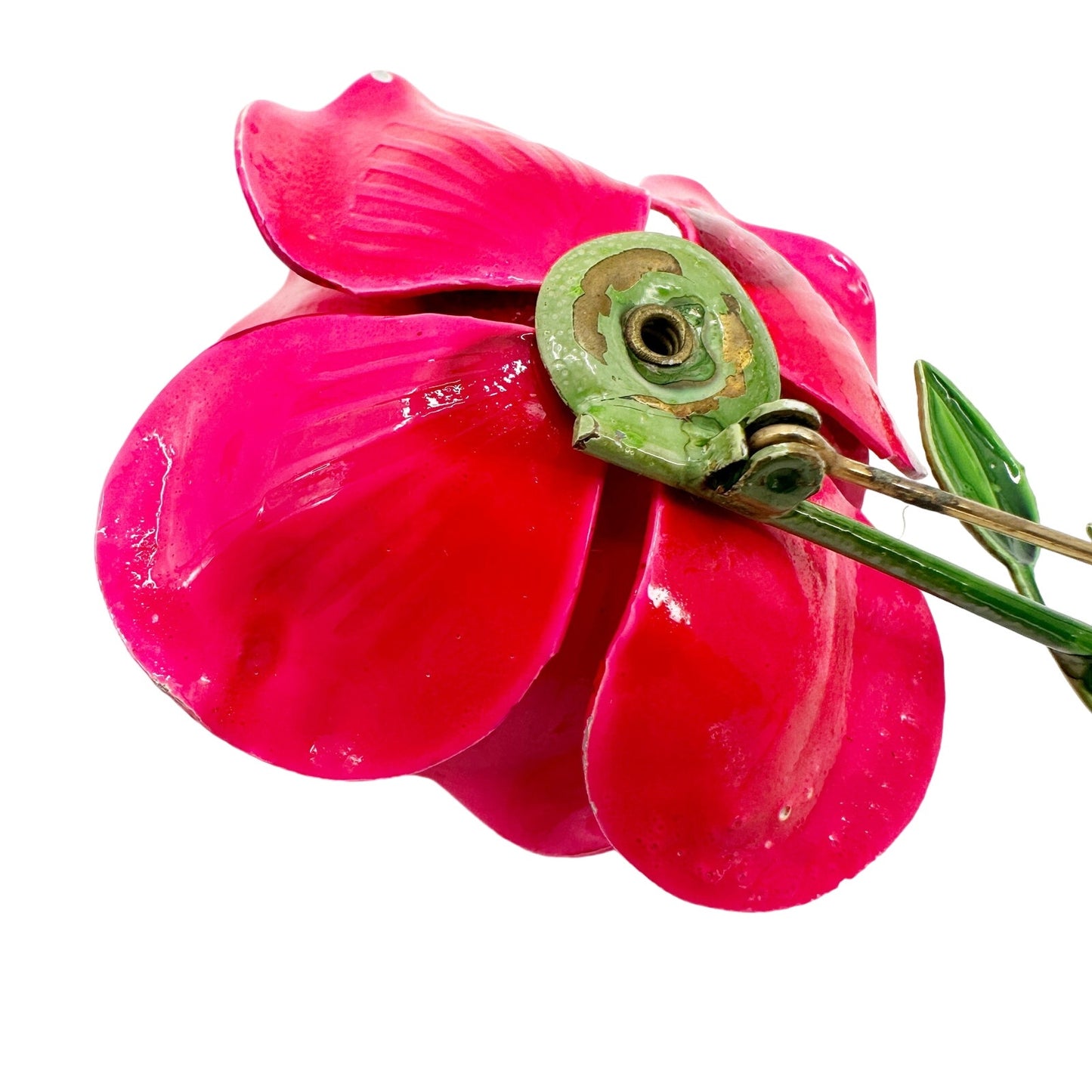 vintage enamel hot pink metal flower BROOCH floral jewelry pin