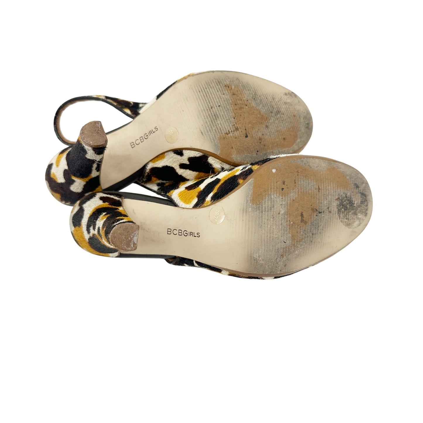 BCBGirls animal print Calf Hair Sling Back Heels shoes 7 brown cream yellow