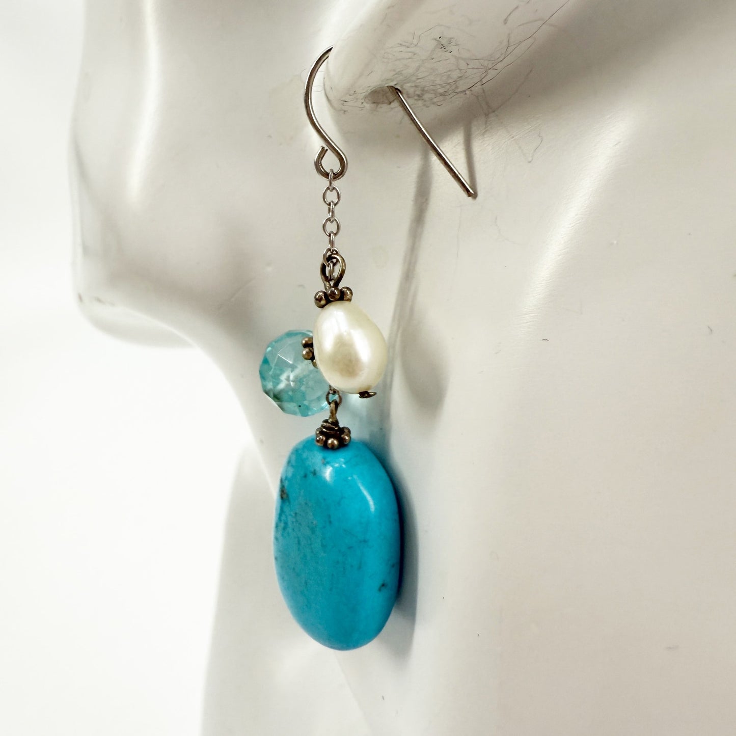 handmade blue white & silver beaded drop EARRINGS jewelry NEW vintage beads
