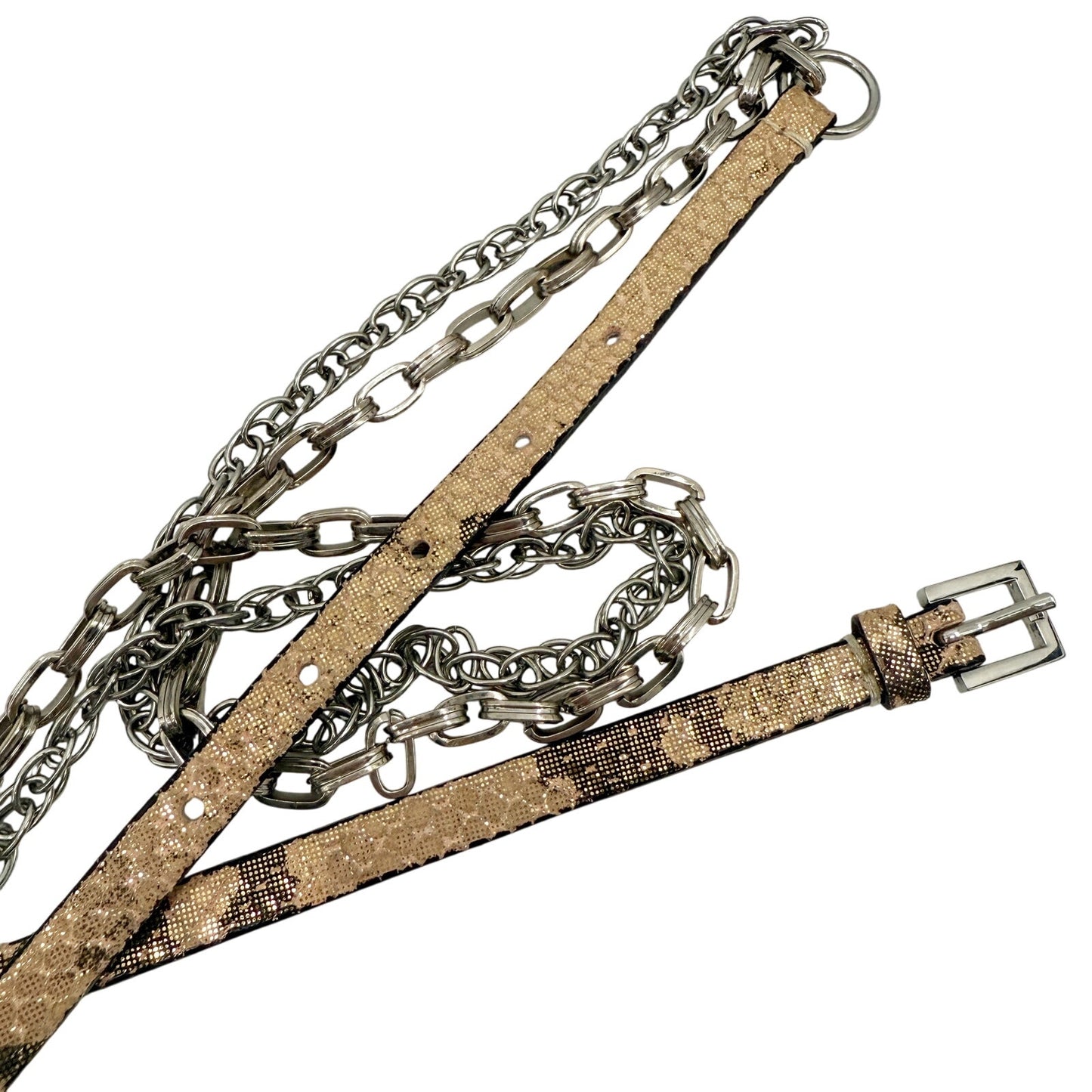 metallic bronze gold & pink Belt with double silver Chains women's XS - S small