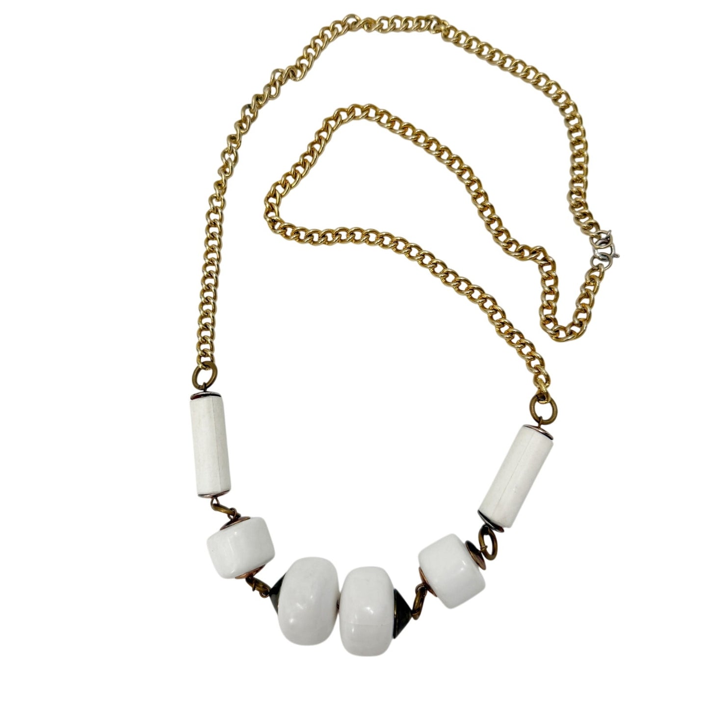 vintage gold tone metal chain chunky white beads Beaded Necklace costume jewelry