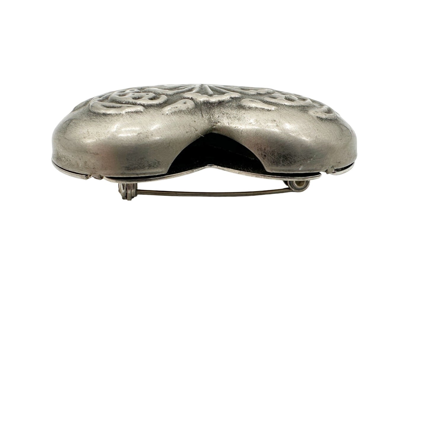 vintage puffy puff heart silver tone metal BROOCH etched floral jewelry pin