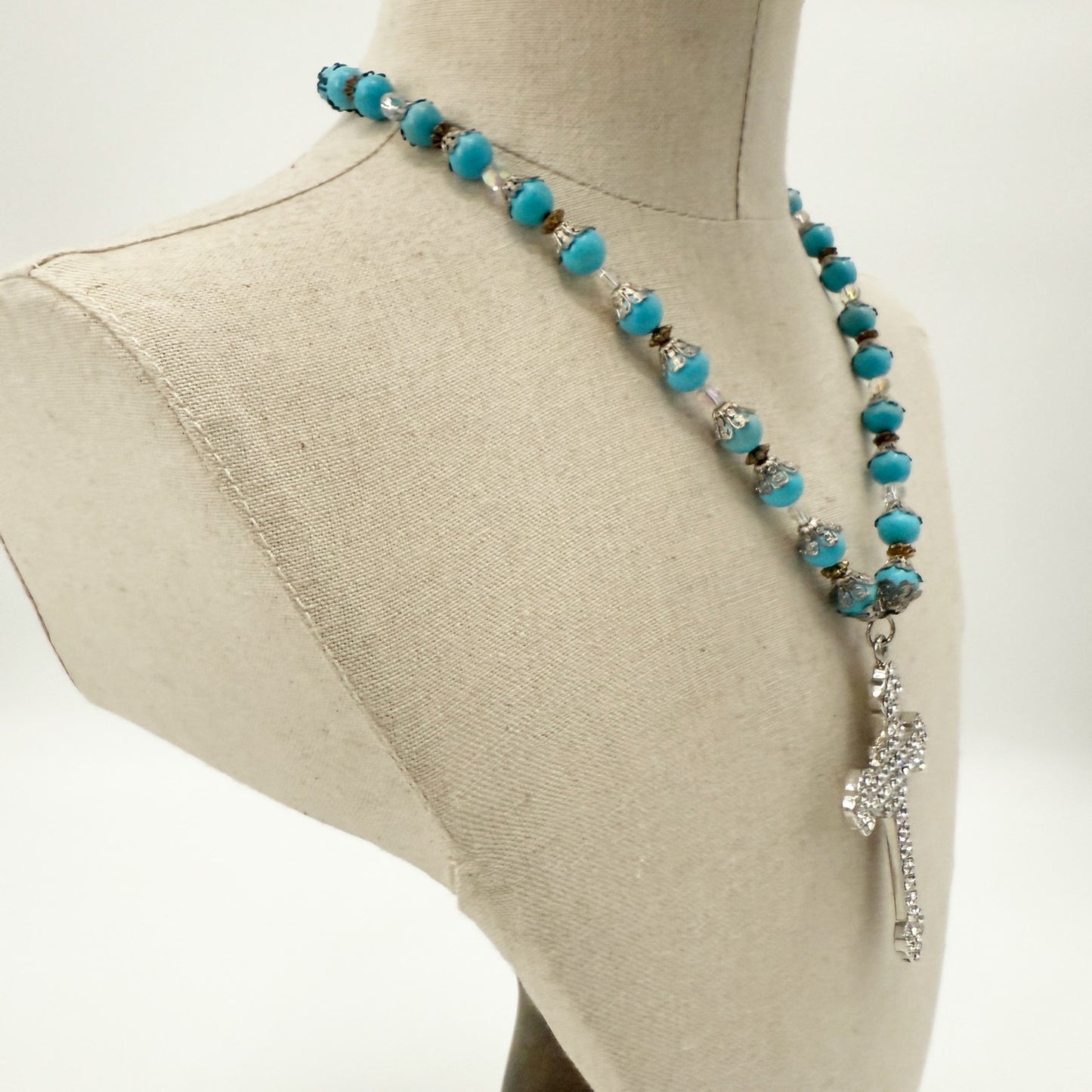 vintage blue beads clear rhinestones Cross Pendant Necklace handmade jewelry