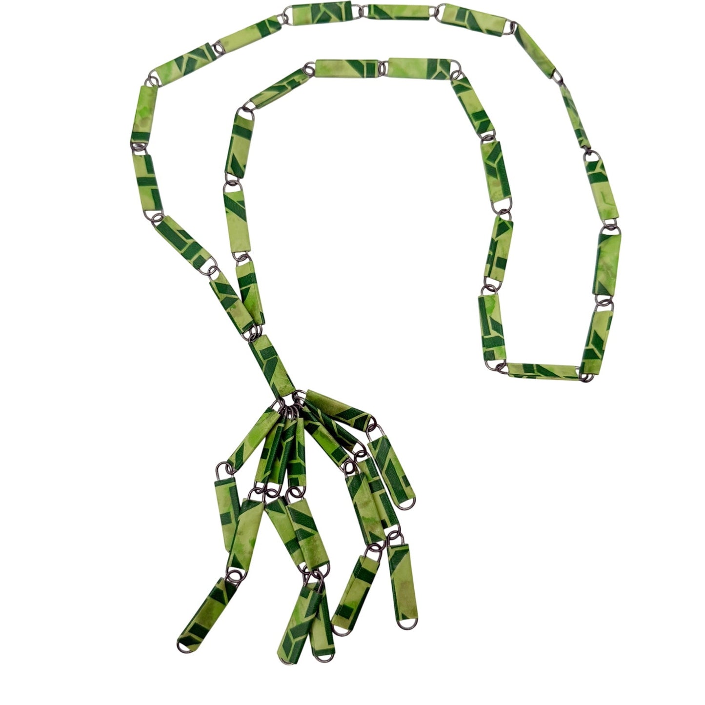 vintage dark & light green Paper Clip Tassel Necklace silver tone metal jewelry
