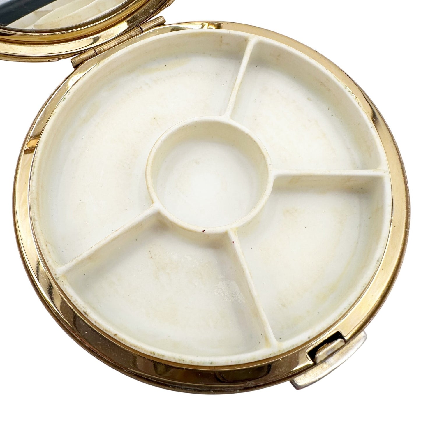 vintage gold tone metal Stratton floral Compact round makeup tray mirror England