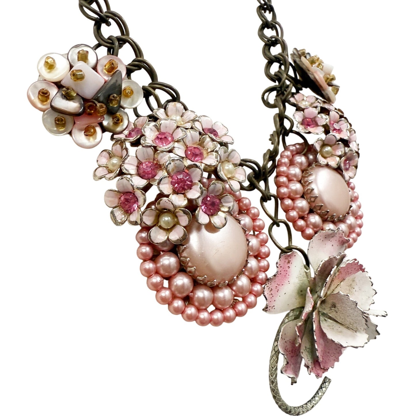 vintage pink earrings & brooches NECKLACE flowers rhinestones faux pearls