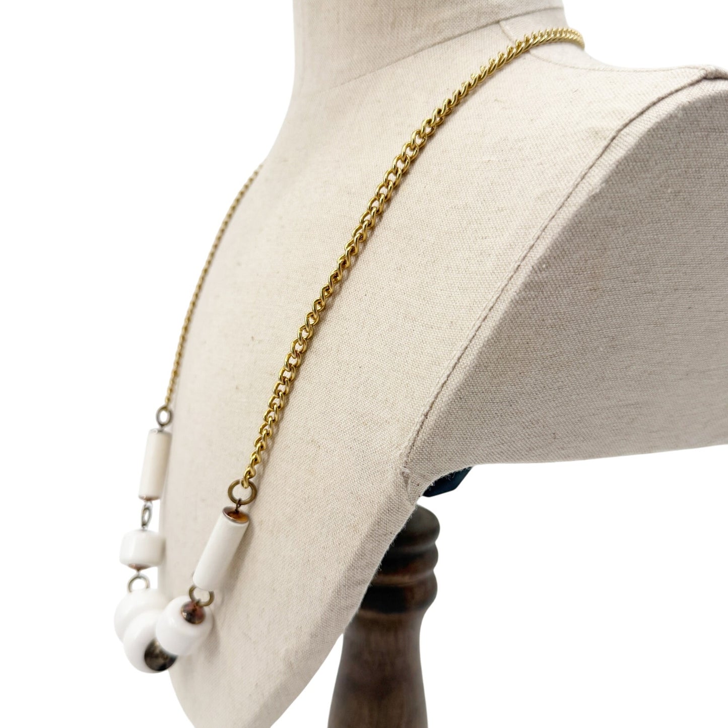 vintage gold tone metal chain chunky white beads Beaded Necklace costume jewelry